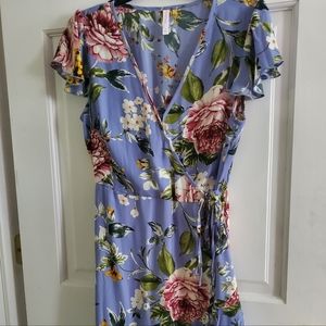 Floral print ruffle short sleeve wrap dress